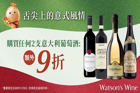意大利葡萄酒：買 2 支額外 9 折！